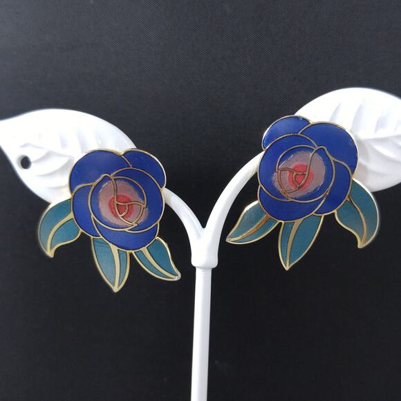 Vintage Laurel Burch Blue "Deco Rose" Post Earrings, 1980s Vintage Jewelry - Picture 6 of 10